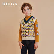 瑞比克rbigx童装男女童，秋季绵羊毛针织，v领提花百搭背心马甲