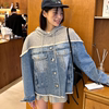 现货连帽卫衣拼接牛仔外套女长袖单排扣短款春季复古小众