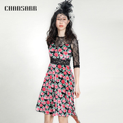 香莎chansarr优雅气质玫瑰花，拼蕾丝连衣裙，舒适透气收腰a摆中裙