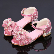 女童凉鞋公主鞋夏季粉色走秀高跟鞋软底女孩子水晶鞋表演鞋