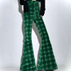 陈大美 灯芯绒绿色格子喇叭裤2024年春夏季高腰设计显瘦直筒长裤