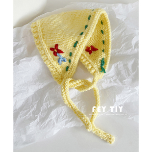 复古手工毛线针织小花可爱三角巾，头巾少女系带，耳罩秋冬儿童头巾帽