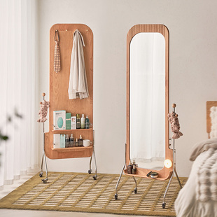 实木全身镜卧室穿衣镜多功能落地镜可移动置物镜杂志架旋转试衣镜