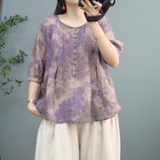 夏季紫色印花苎麻娃娃衫女 圆领五分袖复古简约气质薄款套头衬衣