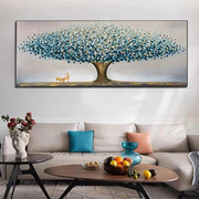 。手绘发财树油画现代简约客厅沙发背景墙，装饰画轻奢挂画床头壁画