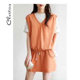 橙色V领马甲短裙时尚两件套 2021年小个子休闲运动套装女夏