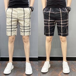 夏季网红超火薄款五分格子沙滩裤2023直筒5分休闲短裤子男士