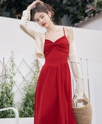 2023秋季女装吊带加开衫两件套小红裙连衣裙海边显瘦遮肉套装