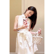 法式白色衬衫连衣裙女夏季高级感小个子气质无袖系带polo裙子