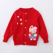 儿童圆领薄款卡通红色毛衣针织开衫女孩宝宝加厚羊绒衫羊毛衫外套