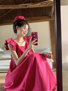 法式玫红色无袖方领连衣裙女夏季性感露背度假长裙显瘦裙子