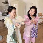 韩国童装春秋女孩蕾丝背心连衣裙假两件韩版飞袖公主裙