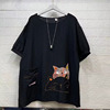 夏季日系卡通刺绣猫咪印花衬衫拼接宽松大码上衣圆领短袖T恤