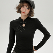 Girlyhalo新中式立领T恤女长袖黑色盘扣2024春季修身国风上衣