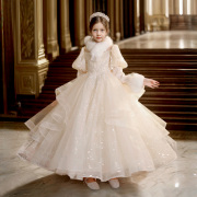 女童冬季礼服高端亮片花童，婚纱儿童主持钢琴，演出服加绒加厚公主裙