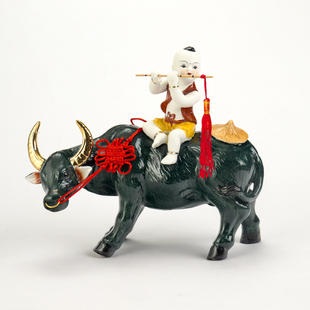 景德镇陶瓷风水大青牛艺术雕塑摆件牧童骑牛玄关客厅装饰