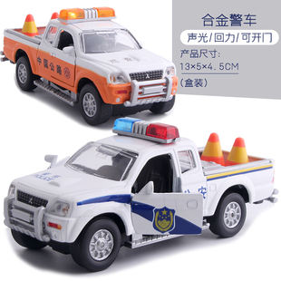警车玩具汽车模型仿真合金皮卡车，警察车开门回力车男孩儿童玩具车