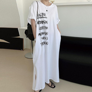 韩国chic夏季小众慵懒字母印花设计宽松长款短袖T恤连衣裙女