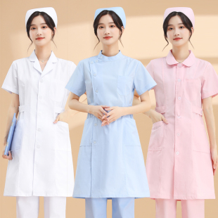 护士服女夏季短袖立领，白大褂工作制服圆领，医生白色娃娃领长袖大衣