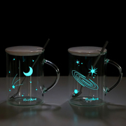夜光玻璃杯带盖勺大容量杯子女，2024马克杯情侣水杯，创意早餐杯