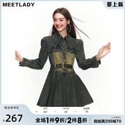 meetlady复古渐变牛仔连衣裙，女2024春秋款收腰，长袖泡泡袖连衣裙女