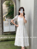 设计感小众立体花朵方领泡泡袖连衣裙女2024夏季法式白色长裙