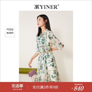 YINER音儿专选女装夏季蝴蝶结飘带雪纺碎花连衣裙