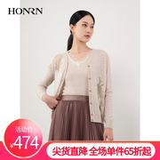 HONRN/红人修身v领蕾丝拼接针织衫开衫外套上衣女春秋HH11OM462