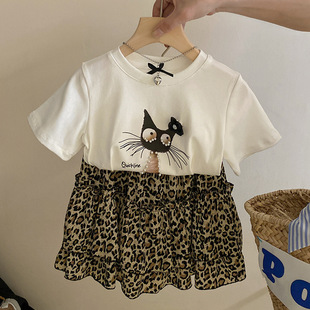 女童狂野豹纹套装夏儿童卡通猫可爱T恤雪纺印花半身短裙两件套潮