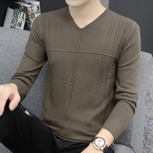男士毛衣v领秋季韩版潮流青年薄款打底衫上衣，修身纯色针织长袖t恤