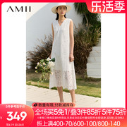 Amii2024夏极简优雅浪漫蕾丝小黑裙V领无袖连衣裙女