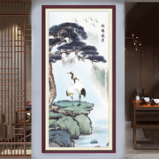 松鹤延年自粘画布中式风景墙贴壁画竖过道玄关装饰画迎客松