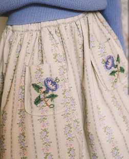 110-145韩系高端童装女童满印条纹花朵十字绣口袋半身裙