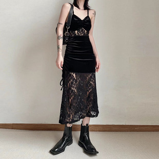 gagaopt自制绒面拼接蕾丝吊带，连衣裙女黑色，抽绳包臀气质长裙夏款
