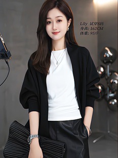 韩版休闲卫衣网红短款黑色长袖外套，女圆领开衫气质蝙蝠袖上衣
