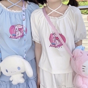 韩版学生上衣日系可爱软妹设计感蕾丝拼接卡通印花短袖宽松T恤女