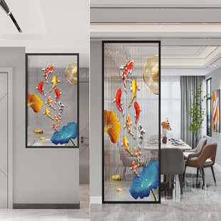 新中式客厅入户玻璃隔断带画钢化艺术玻璃洗漱台玄关屏风隔断半墙