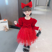 女童加绒加厚连衣裙2023童装洋气时髦冬装儿童红色喜庆公主裙