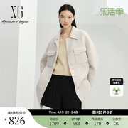 xg雪歌翻领设计长袖毛呢外套，2023冬季米，白色长款绵羊毛大衣女