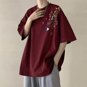 酒红色新中式短袖男t恤中国风重磅纯棉夏季潮牌枫叶红宽松5五分袖