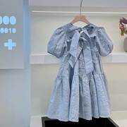 女童连衣裙2023夏季纯色绑带小女孩公主裙气质洋气儿童裙子短袖潮