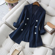 女士棉麻西装日式经典版型，双排扣深邃藏青色中长款亚麻小西装西服