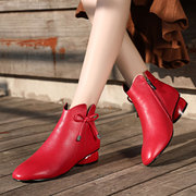 靴子女2024单靴真皮平底裸靴春秋冬季加绒平底小短靴红色皮鞋