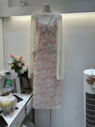 十三行春季韩版修身两件套针织开衫+长款系带碎花吊带连衣裙