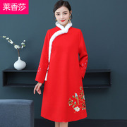 中国风红色唐装汉服女改良旗袍，连衣裙秋冬装复古风，中长款毛呢外套