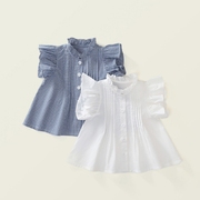 儿童洋气气质小立领短袖娃娃衫夏季女童法式荷叶花边小飞袖衬衫棉