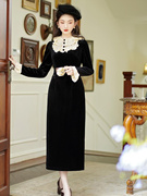 法式复古风黑色蕾丝领丝绒连衣裙长款修身小礼服赫本风感日常