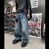 MRDONG韩国男装不对称拉丝破洞重工高街嘻哈阔腿裤潮流牛仔裤