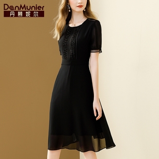 丹慕妮尔法式黑色雪纺连衣裙女夏季钉珠收腰气质中长裙子