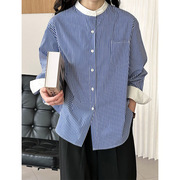 韩范蓝色条纹衬衫外套，女款2024年春秋季休闲时尚宽松通勤衬衣